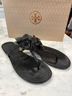 Tory Burch Blossom Black Floral Jelly Thong Sandals
